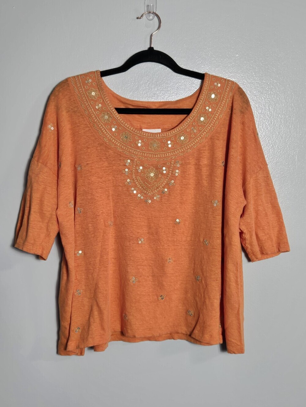 J. Jill Love Linen Orange Boxy Top Large L Sequin Embroidered Scoop Medallion